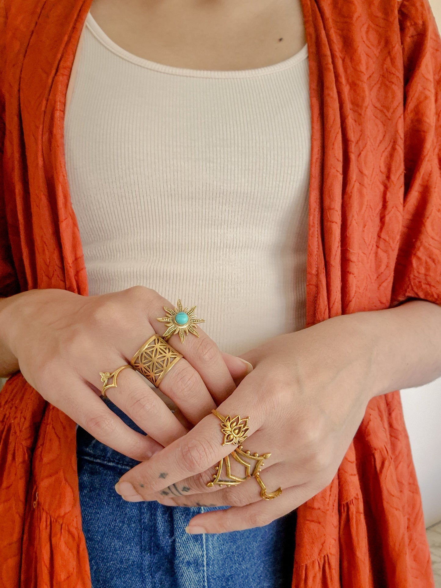 Turquoise sun adjustable brass ring