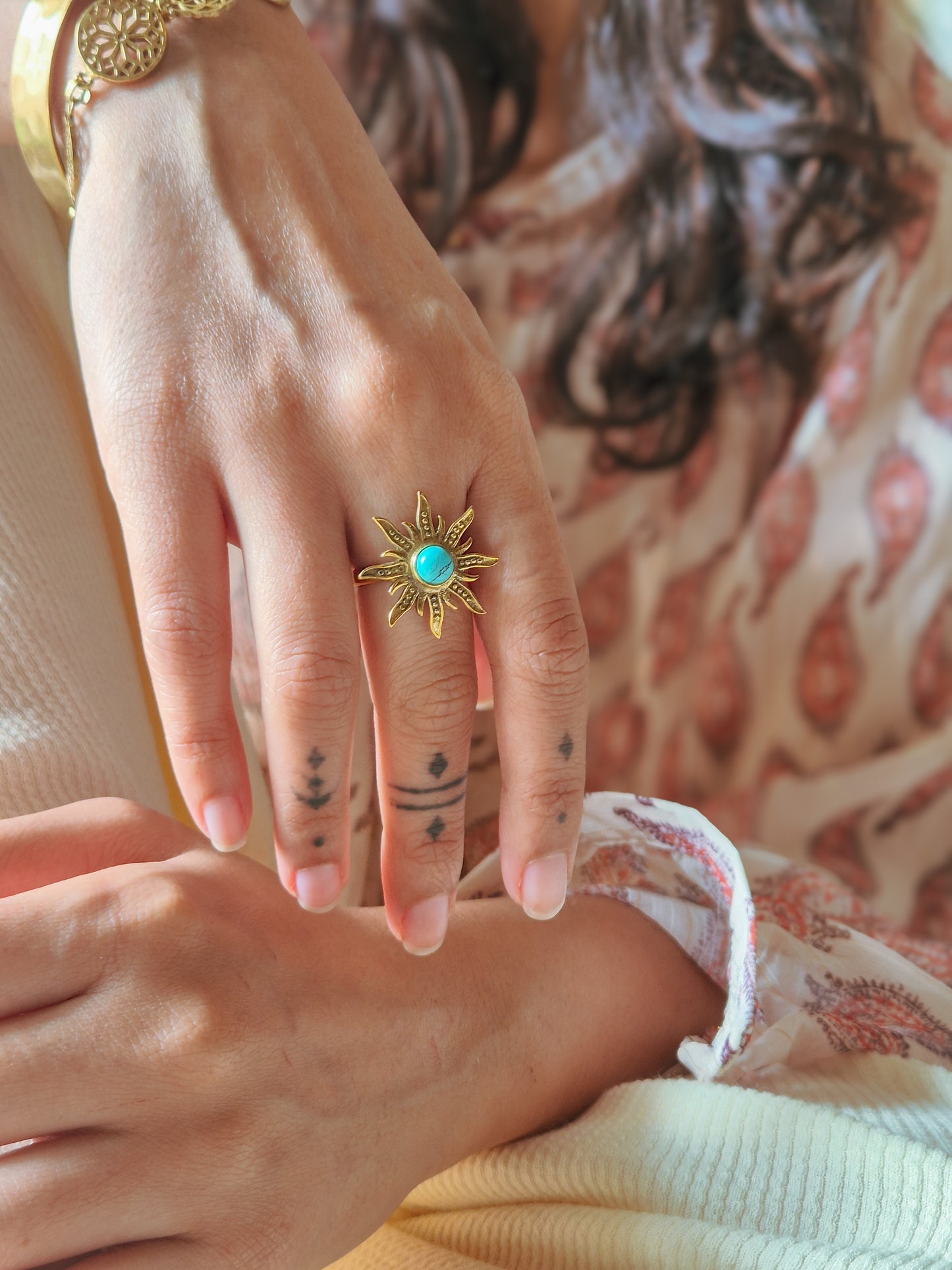 Turquoise sun adjustable brass ring
