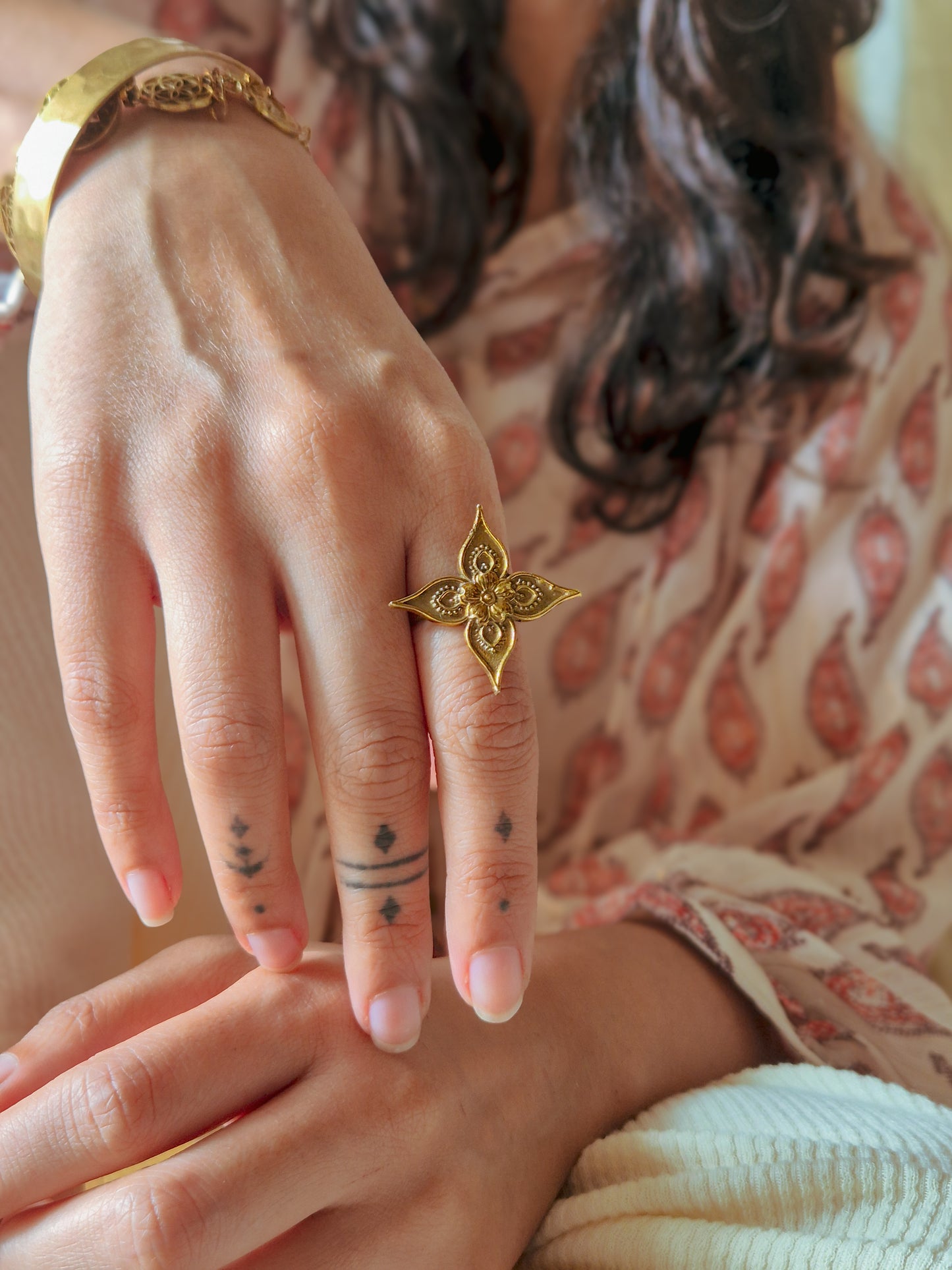 Disha flower adjustable brass ring