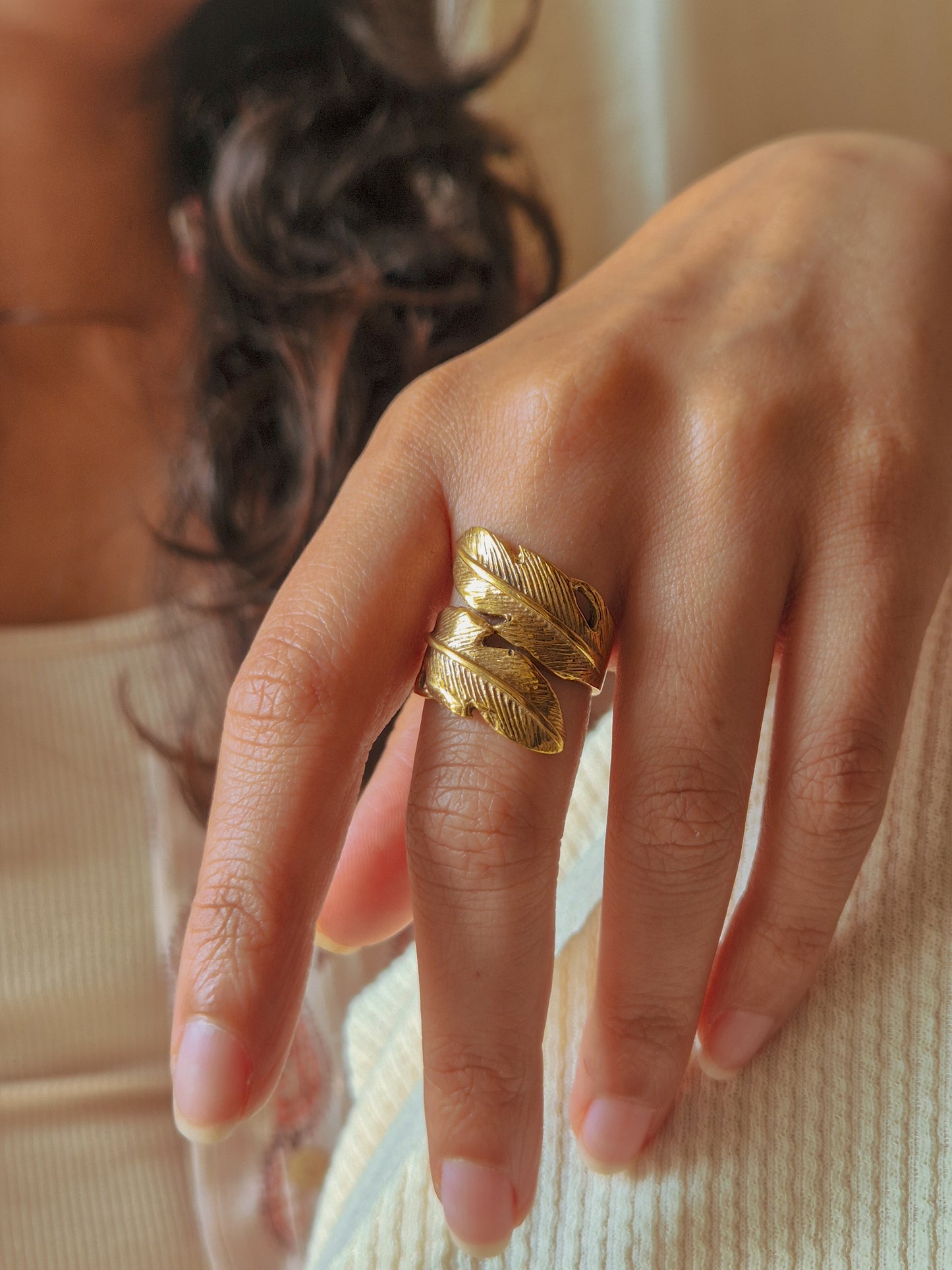Feather wrap boho adjustable brass ring
