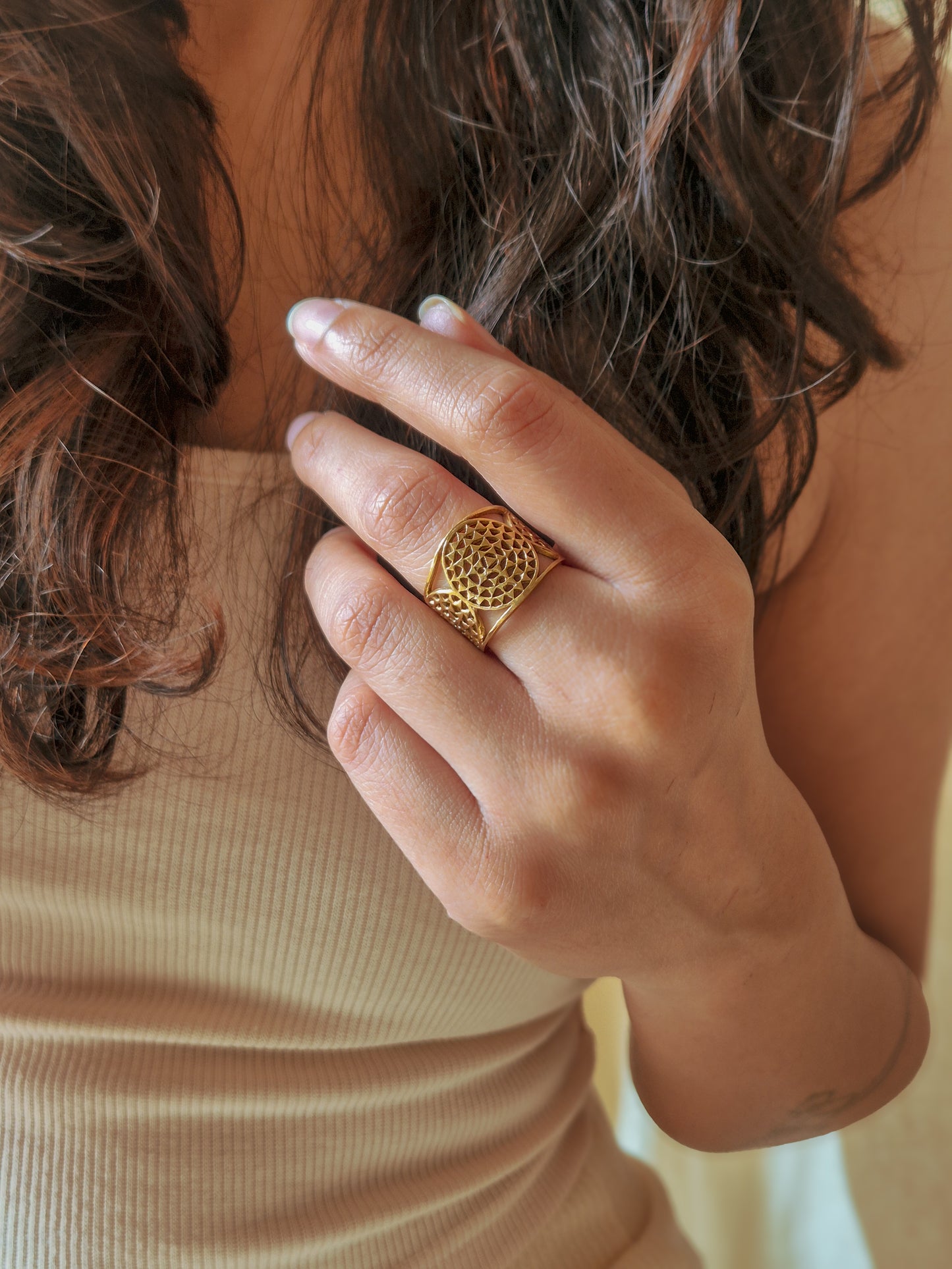 Sacred yantra seed of life adjustable brass ring