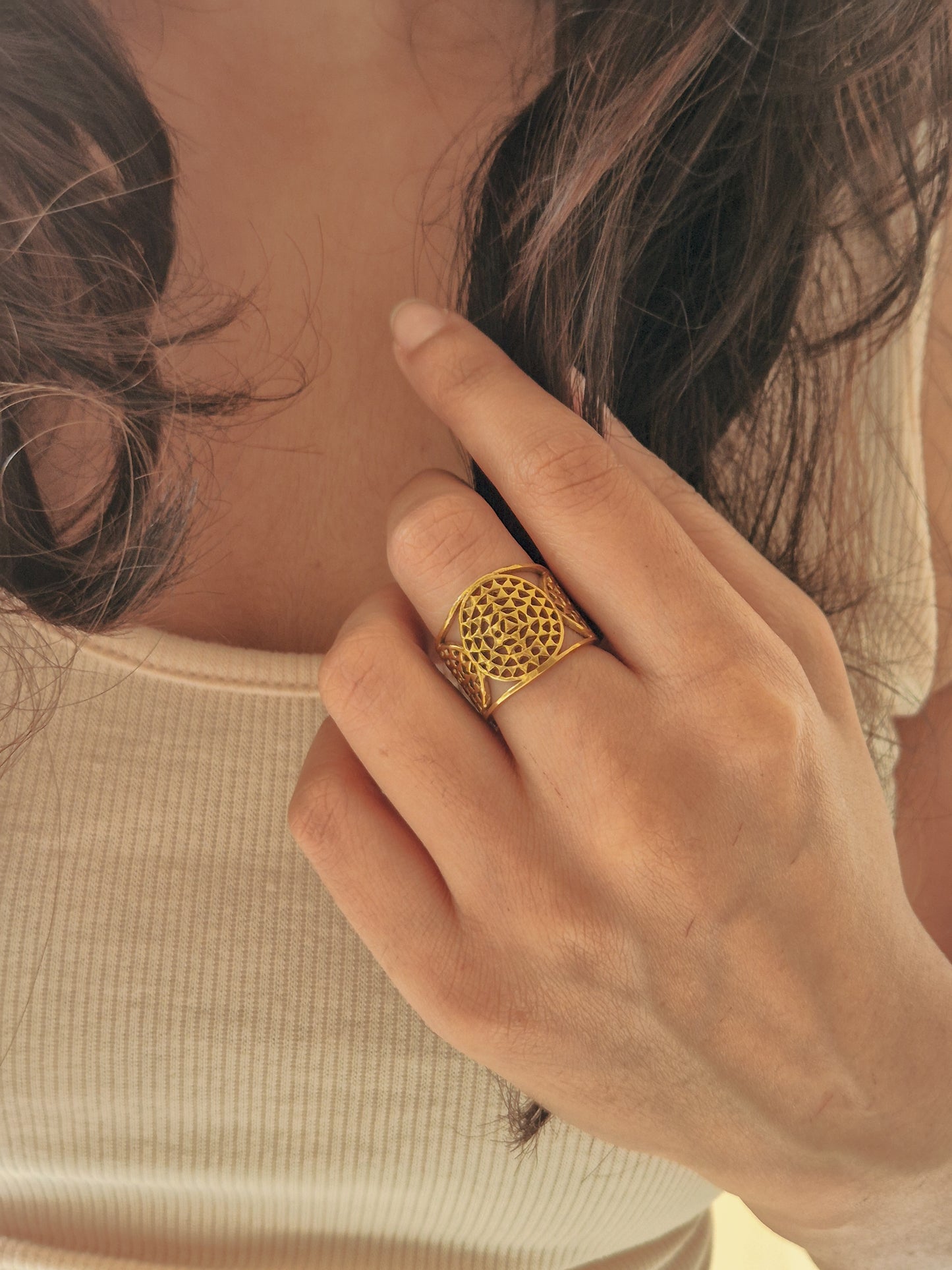 Sacred yantra seed of life adjustable brass ring