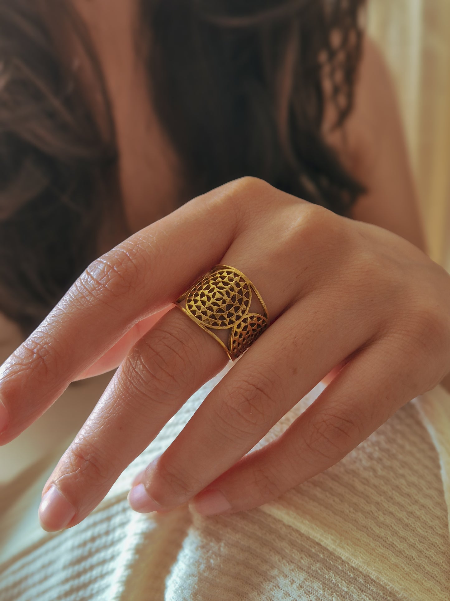 Sacred yantra seed of life adjustable brass ring