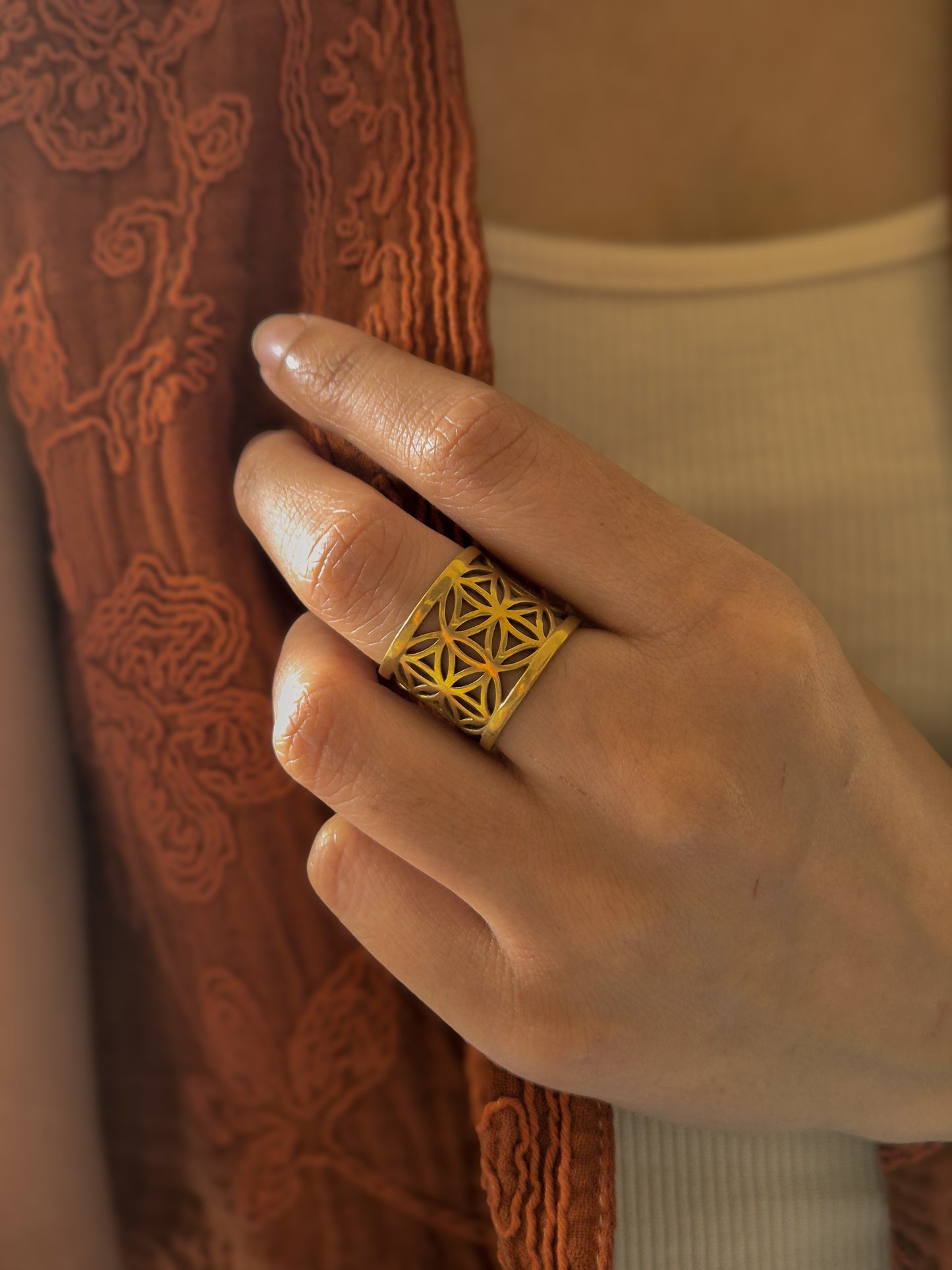Flower of life adjustable brass ring