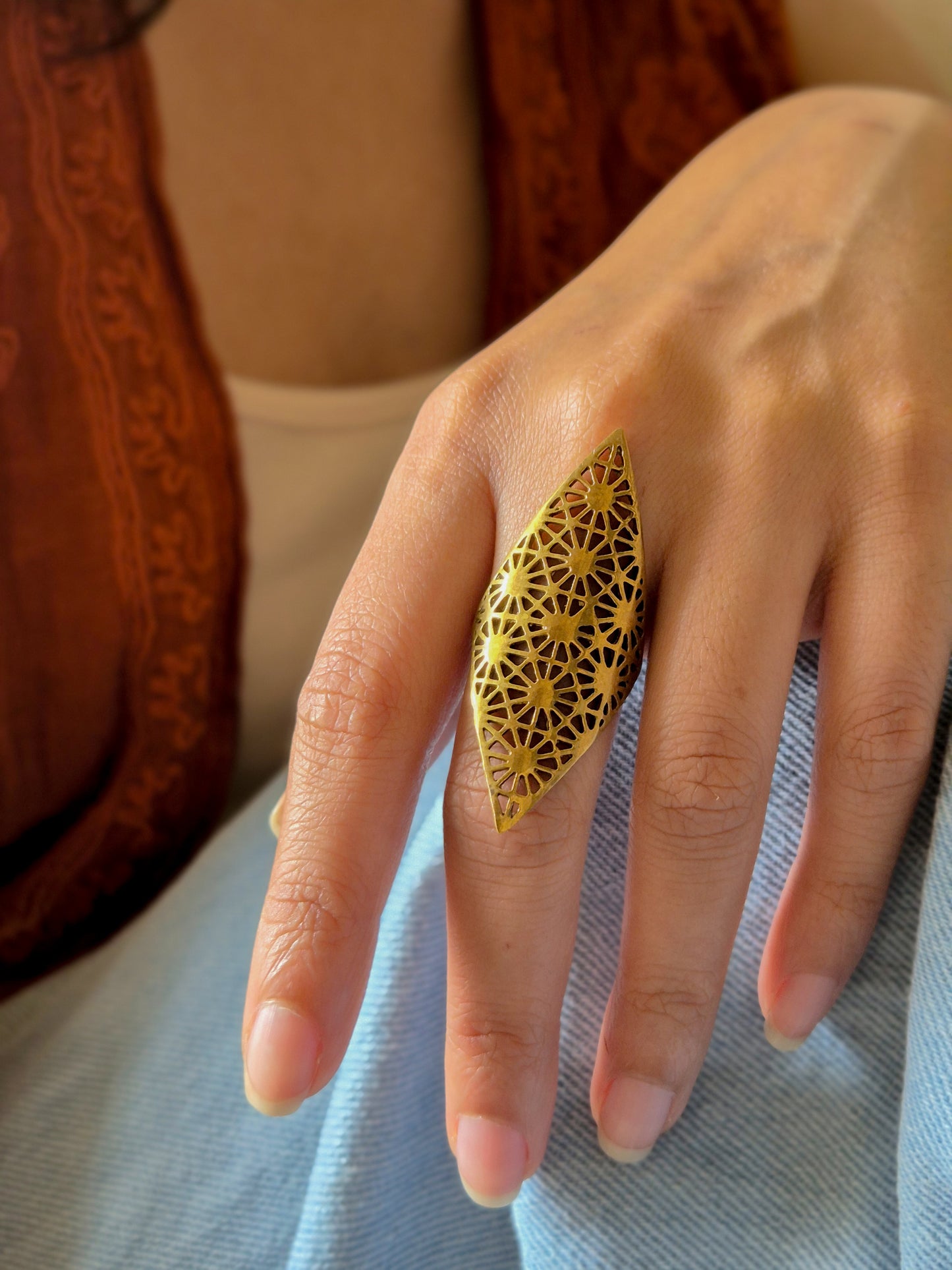 Sacred geometry aura adjustable brass ring