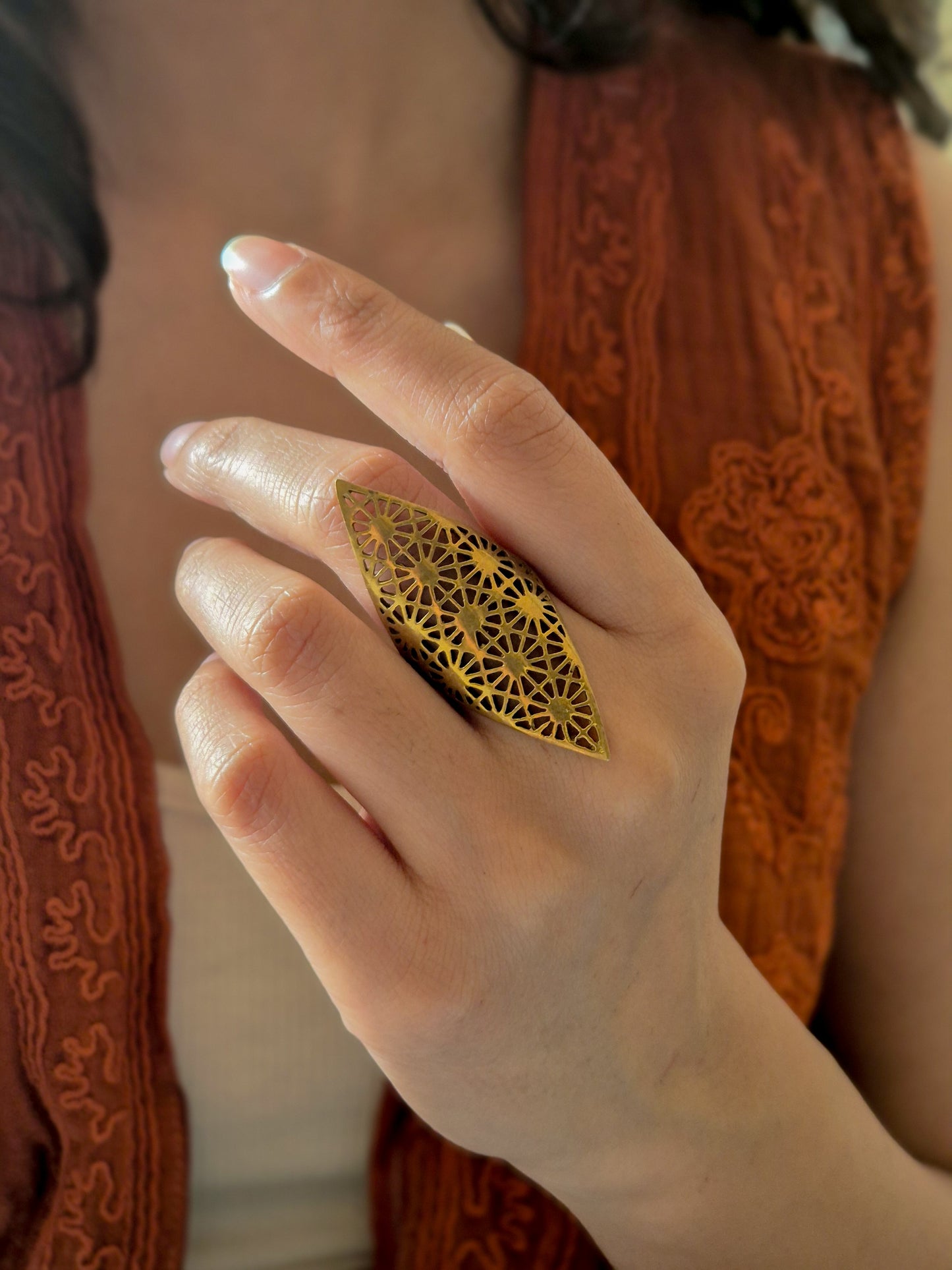 Sacred geometry aura adjustable brass ring