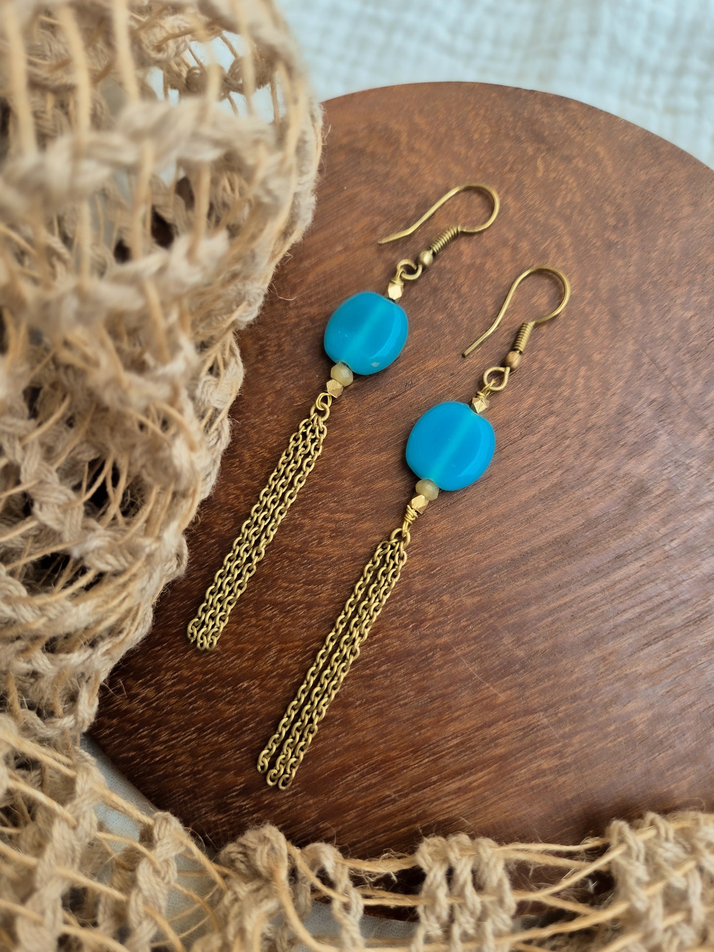 Neeli blue bead brass earrings