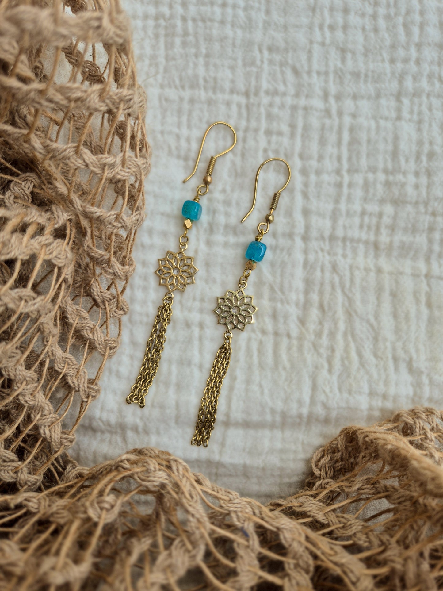 Nahara blue mandala brass earrings