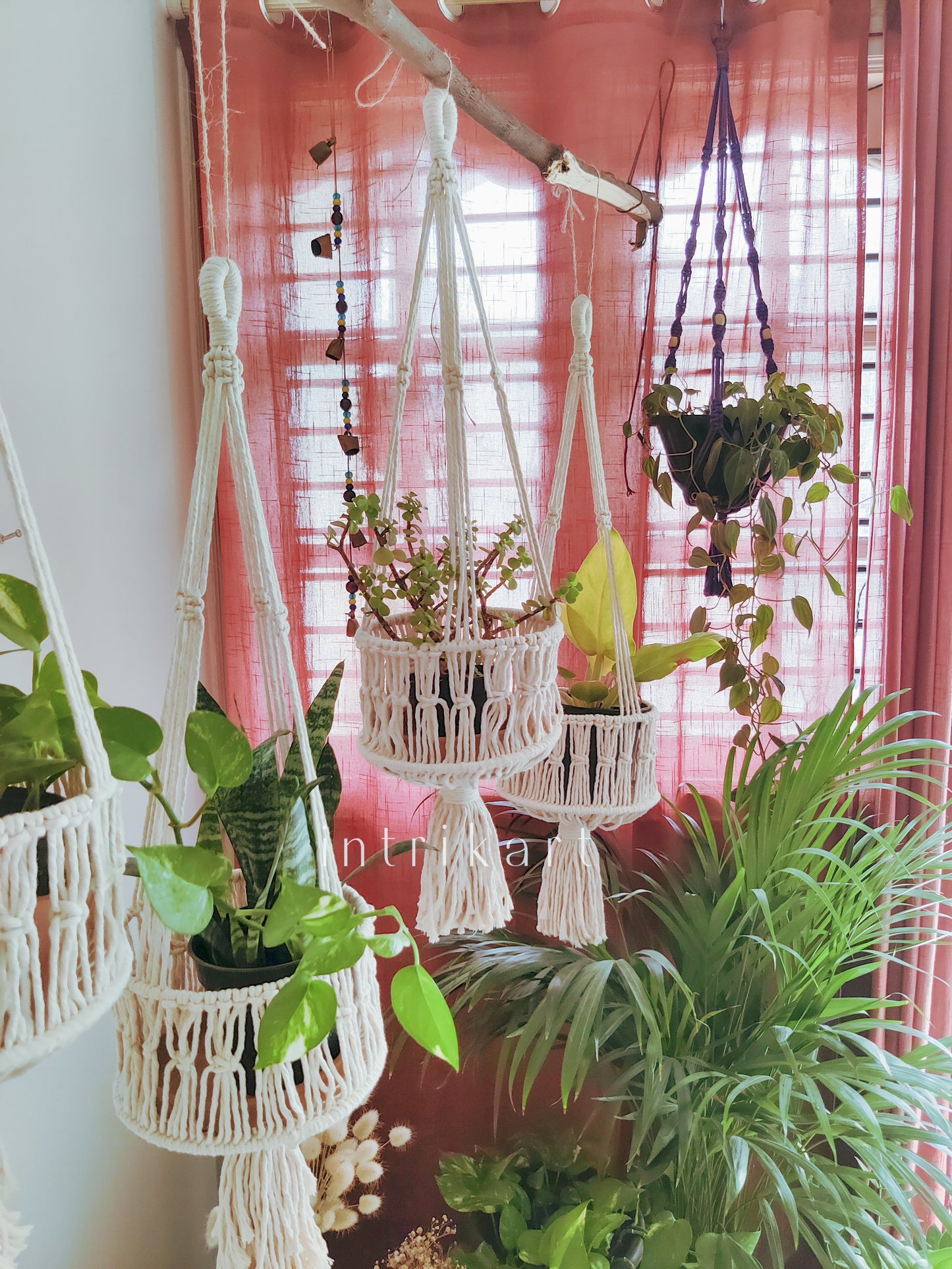 Off white bucket macrame pot holder