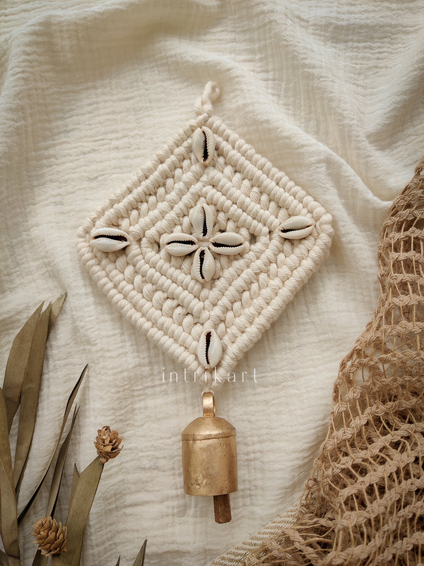 Cowbell cowrie shell small macrame wall hanging