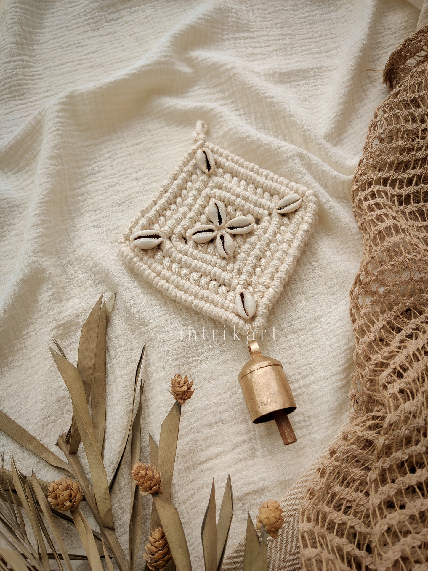 Cowbell cowrie shell small macrame wall hanging