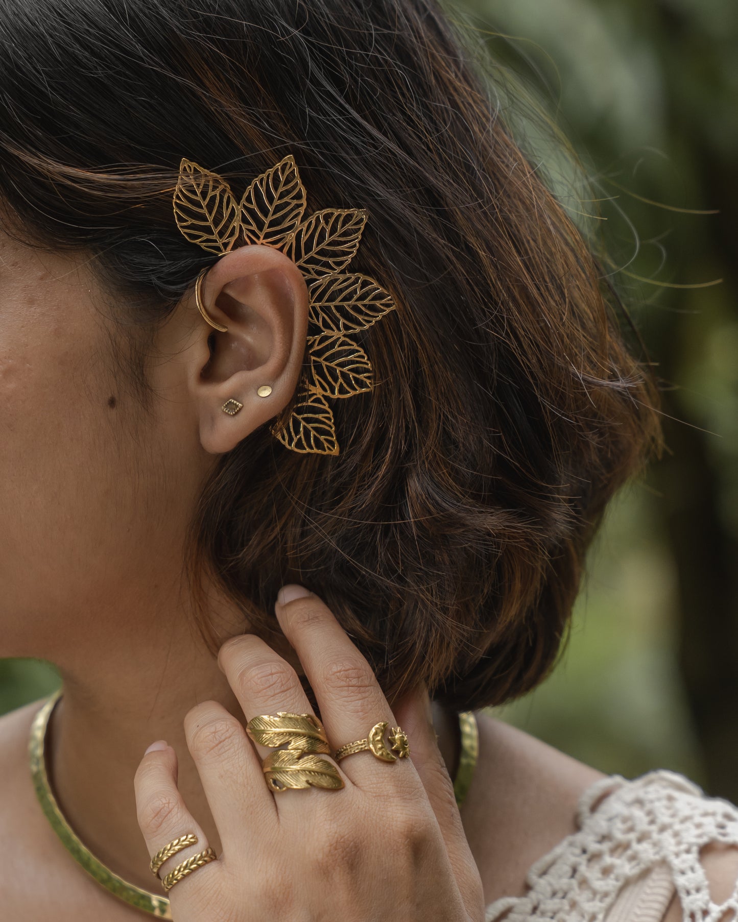 Vanilka leaf brass ear cuff