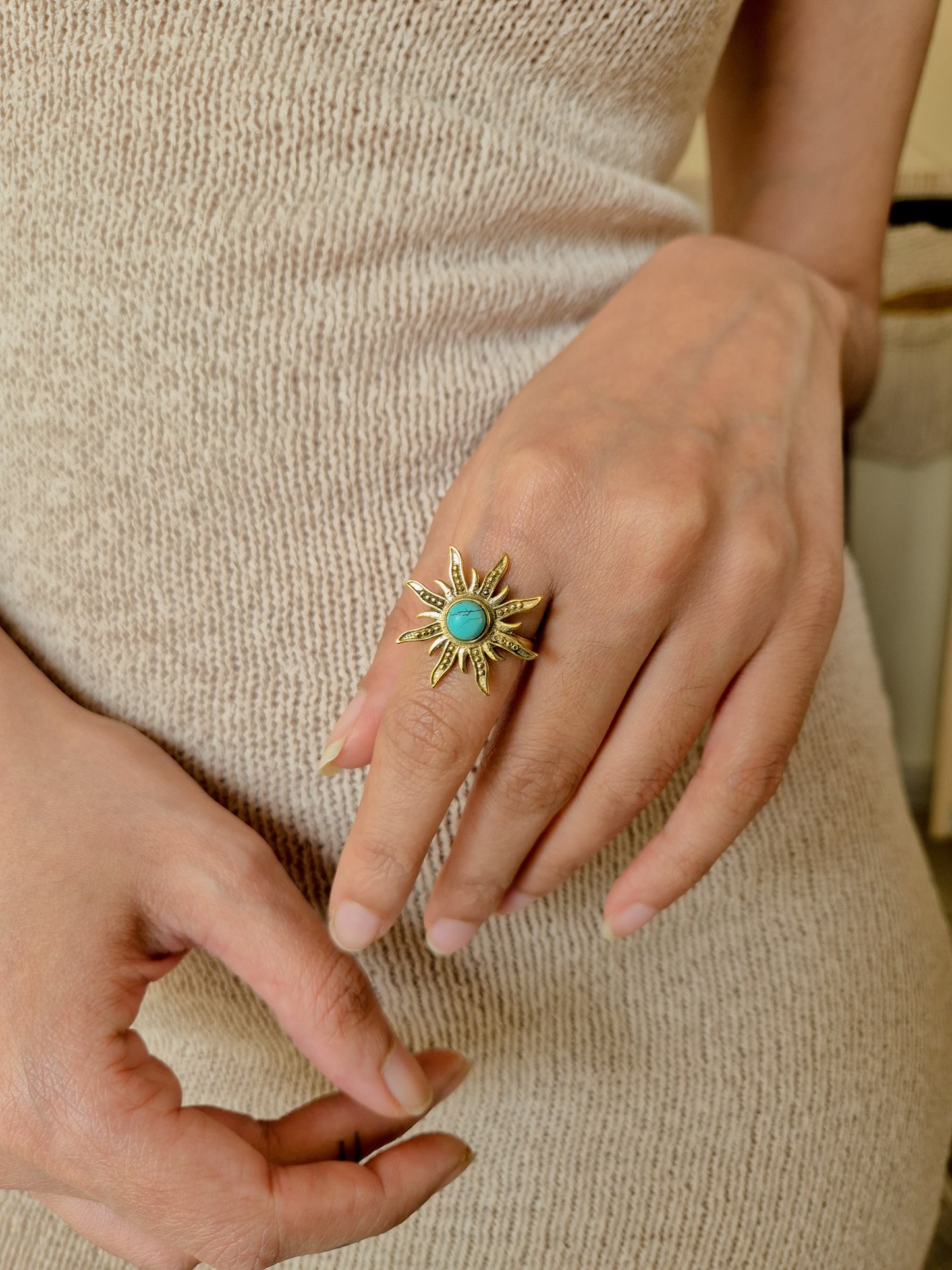 Turquoise sun adjustable brass ring