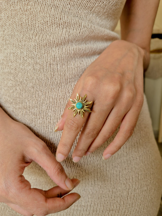 Turquoise sun adjustable brass ring