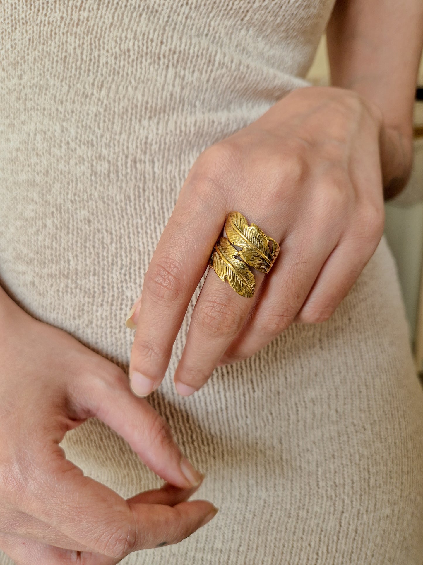 Feather wrap boho adjustable brass ring