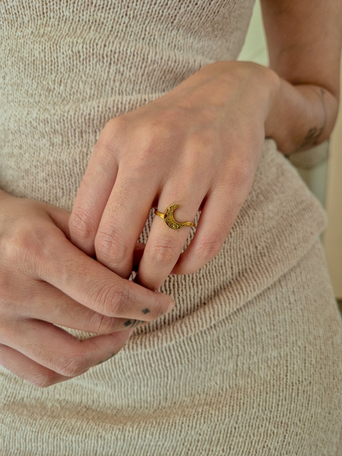 Luna boho moon adjustable brass ring