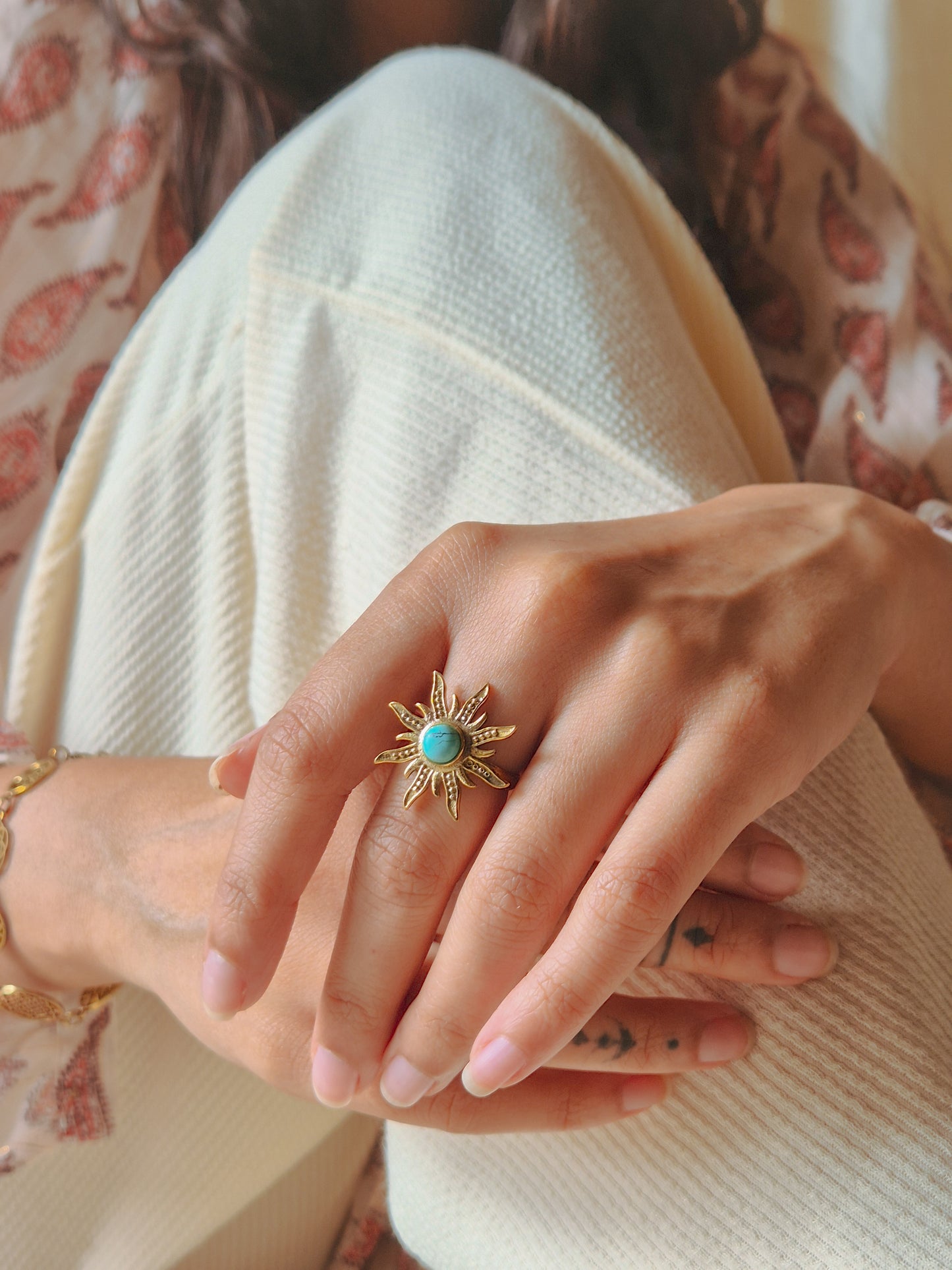 Turquoise sun adjustable brass ring