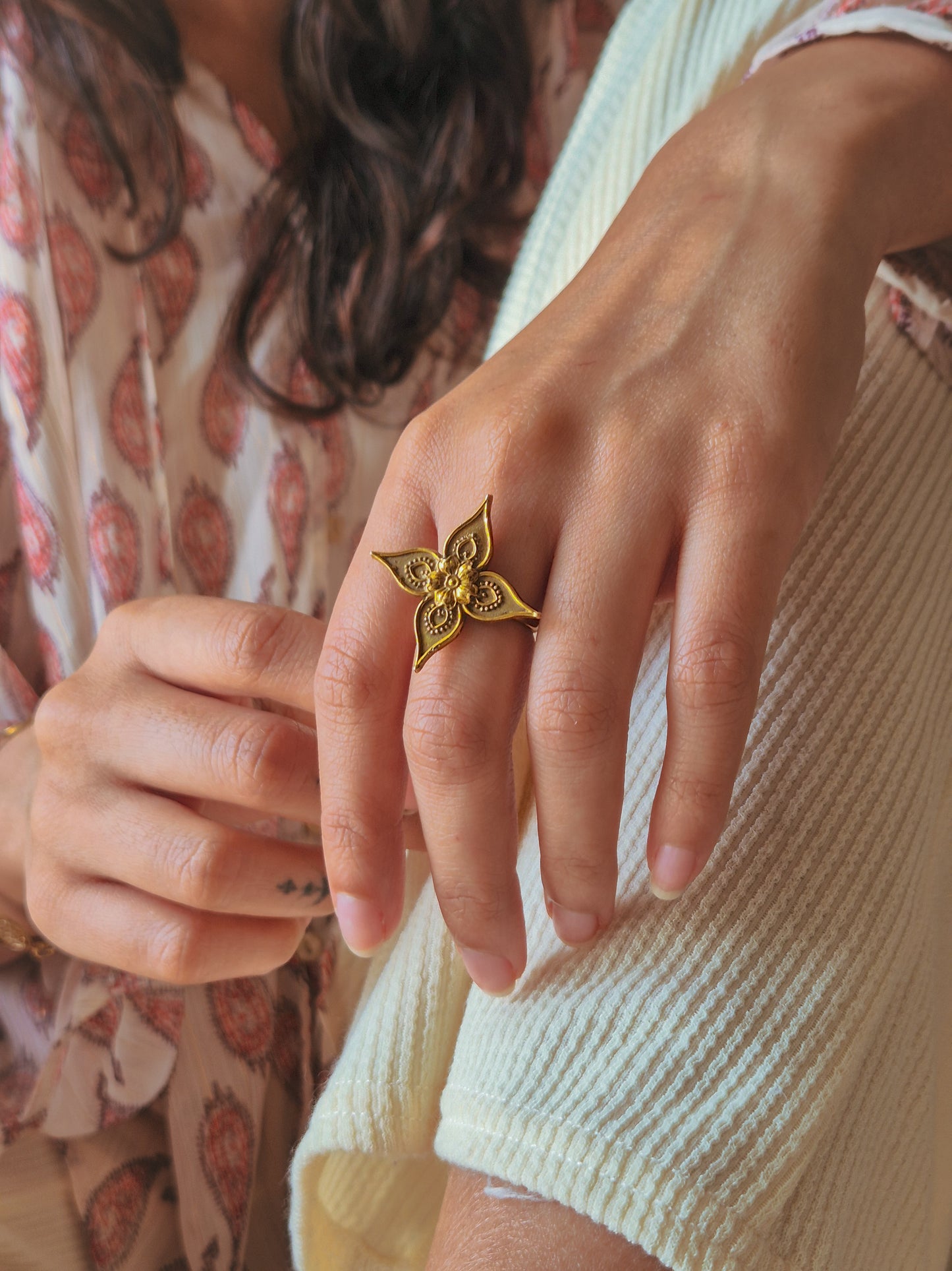 Disha flower adjustable brass ring