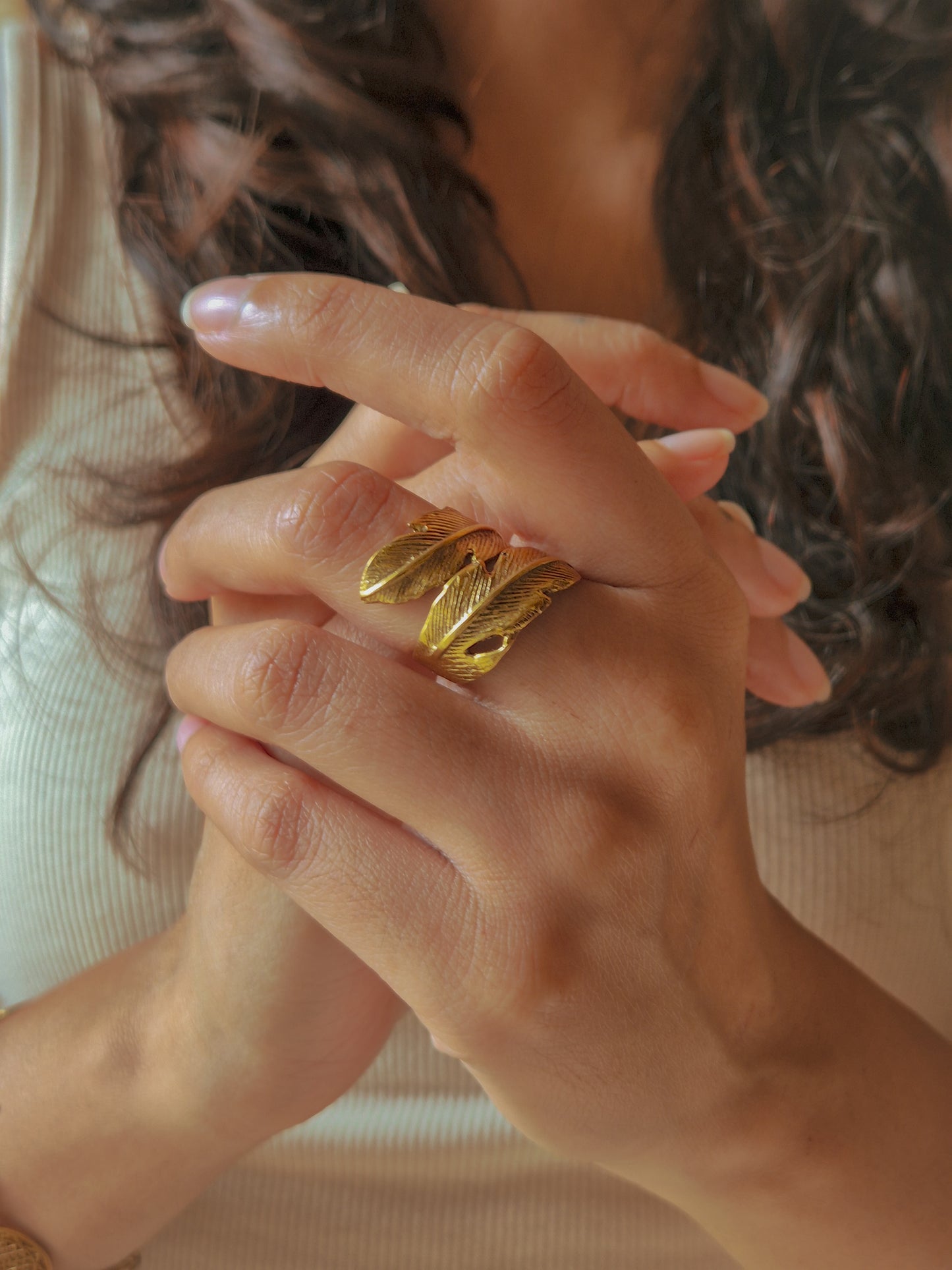 Feather wrap boho adjustable brass ring