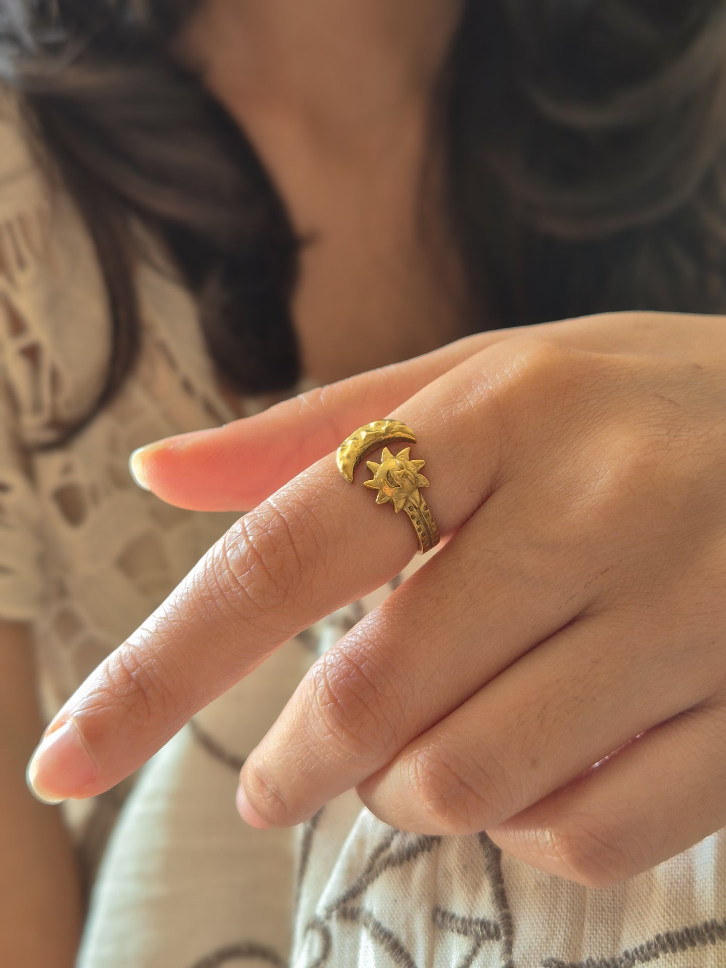 Solluna sun & moon adjustable brass ring