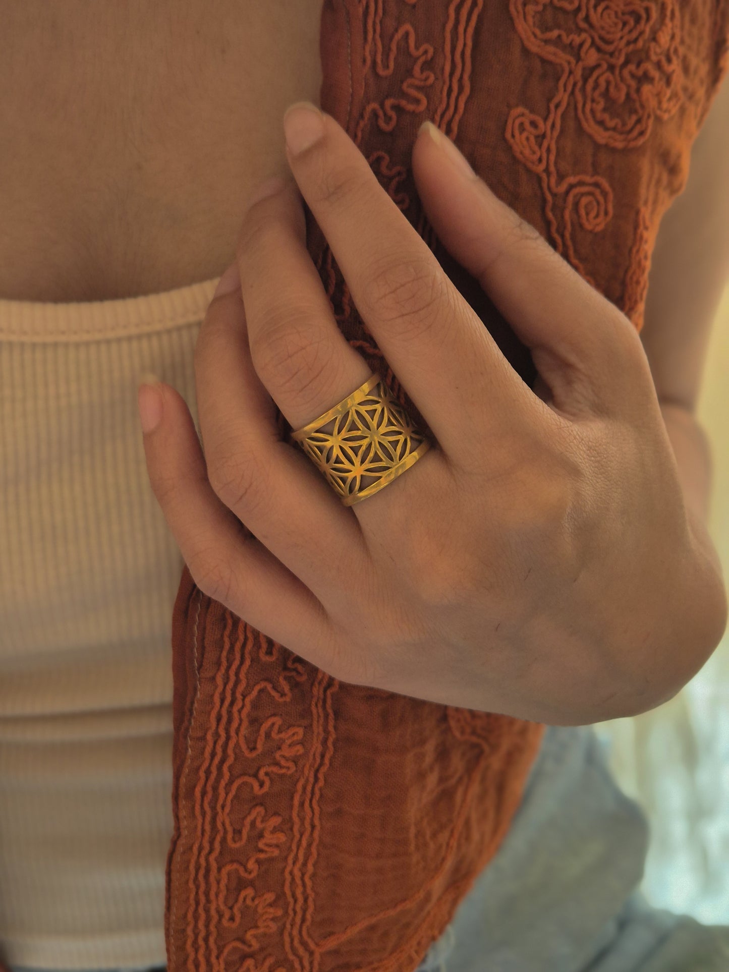 Flower of life adjustable brass ring
