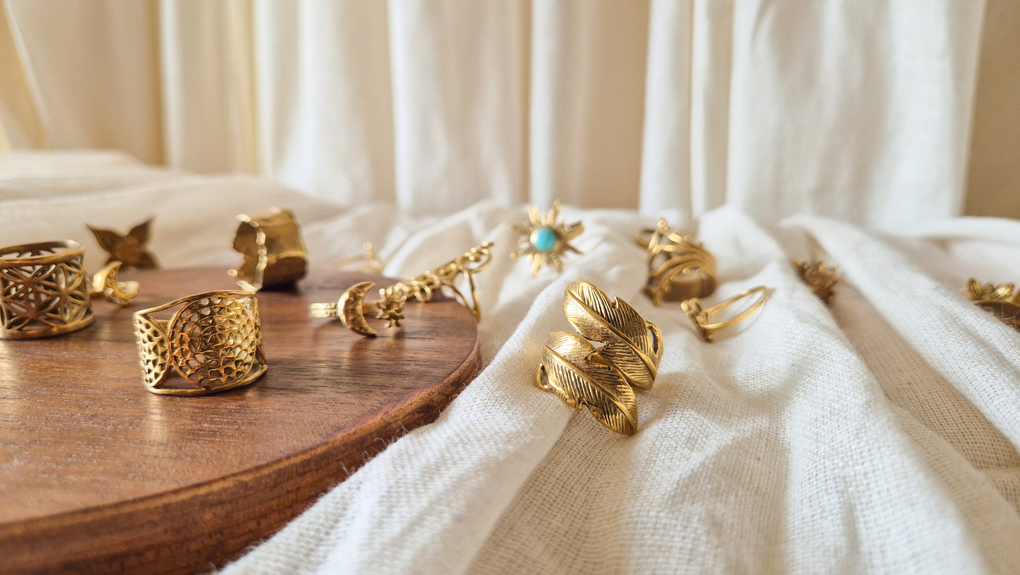 Feather wrap boho adjustable brass ring