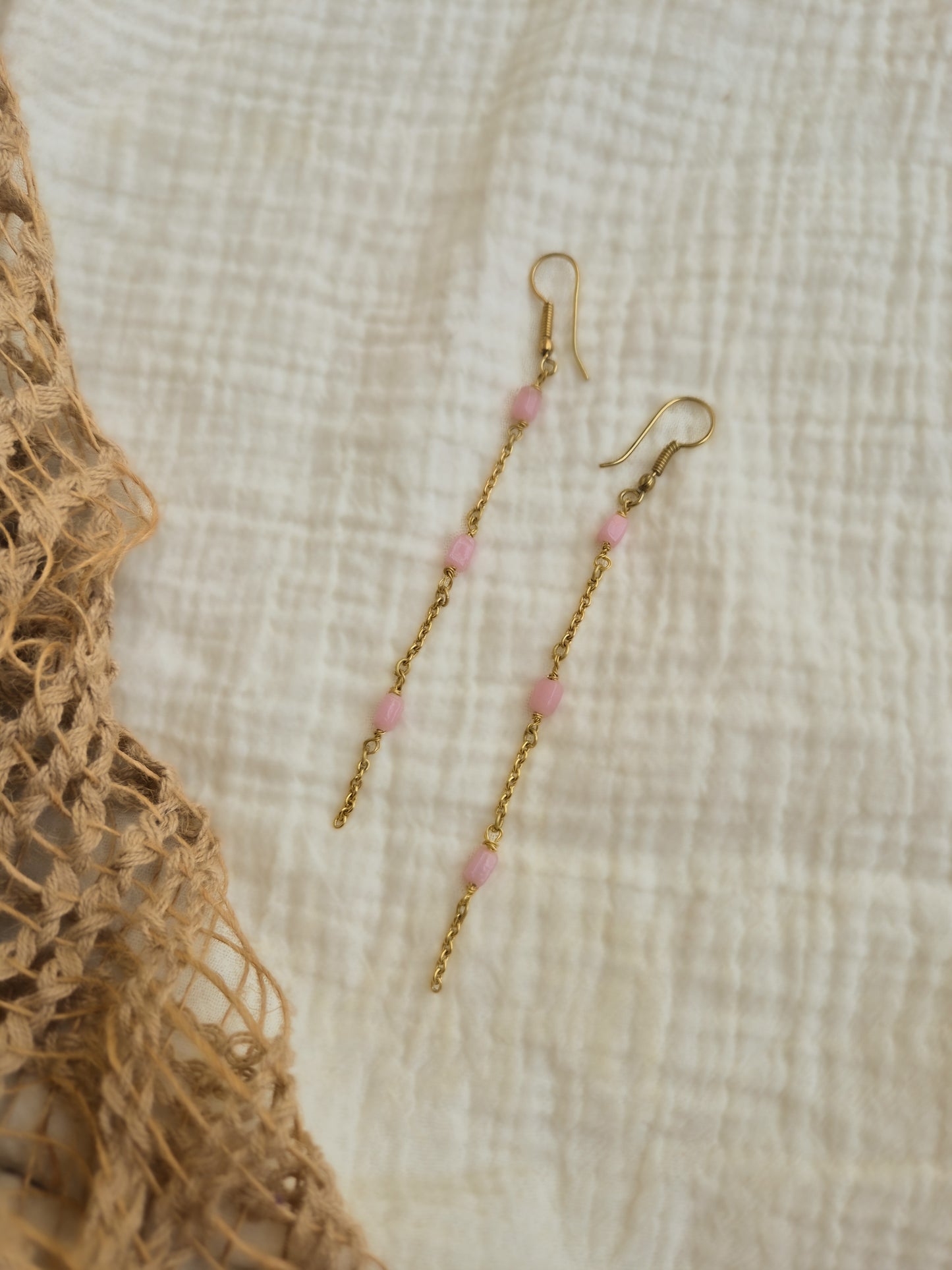 Dusty pink dew drop brass earrings