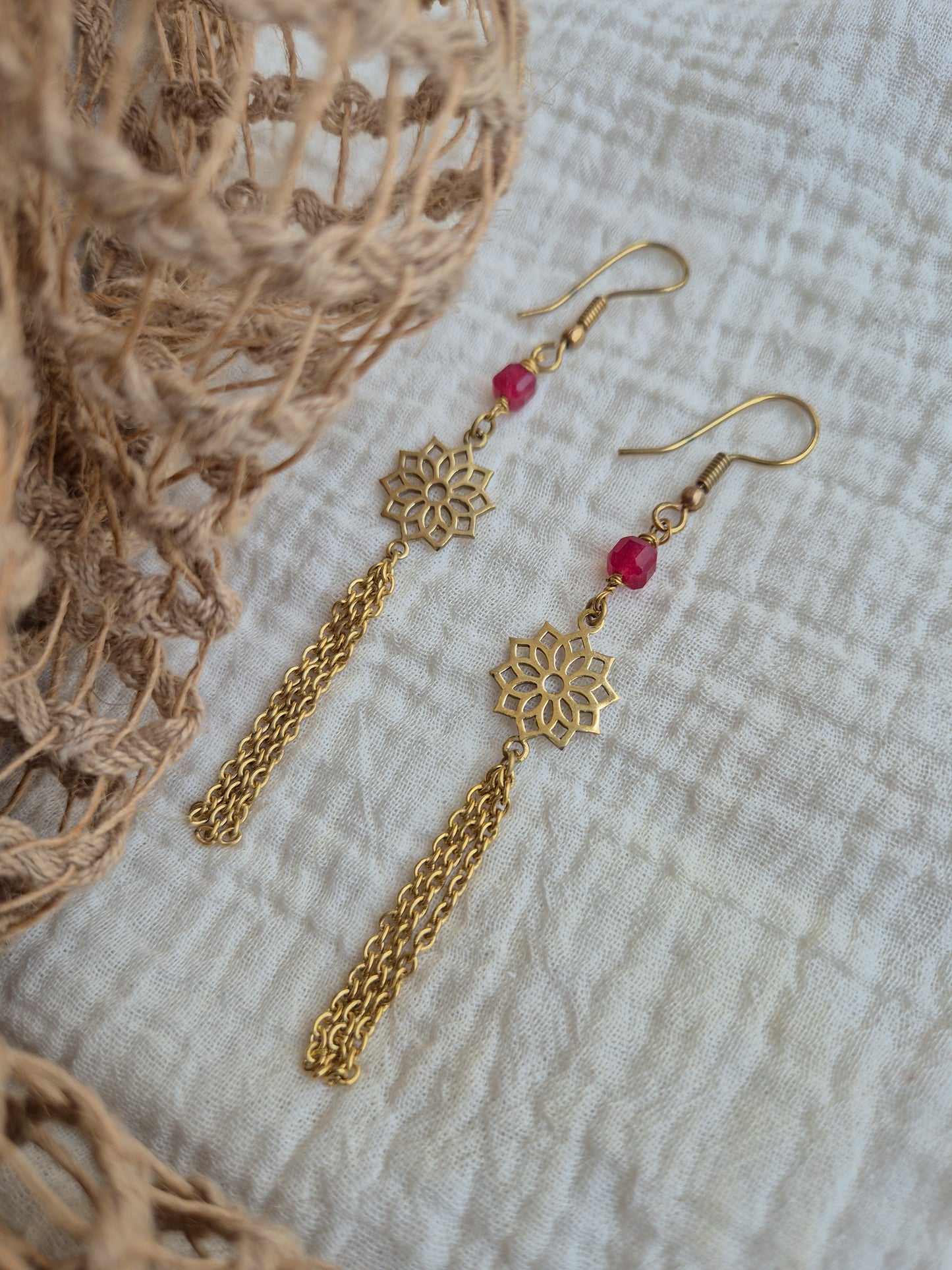 Ruby mandala brass earrings