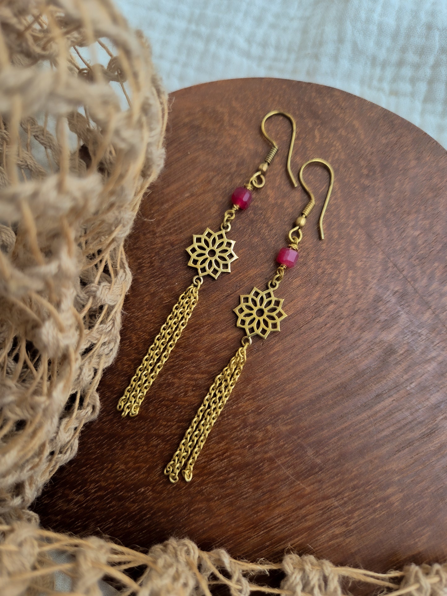 Ruby mandala brass earrings