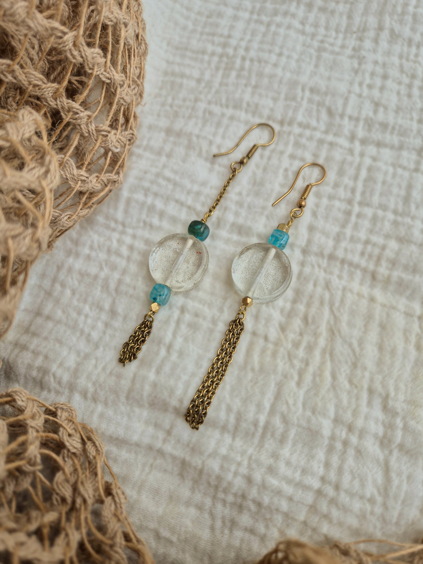 Abstract clear turquoise brass earrings