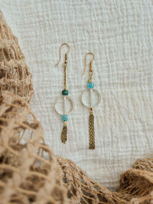 Abstract clear turquoise brass earrings