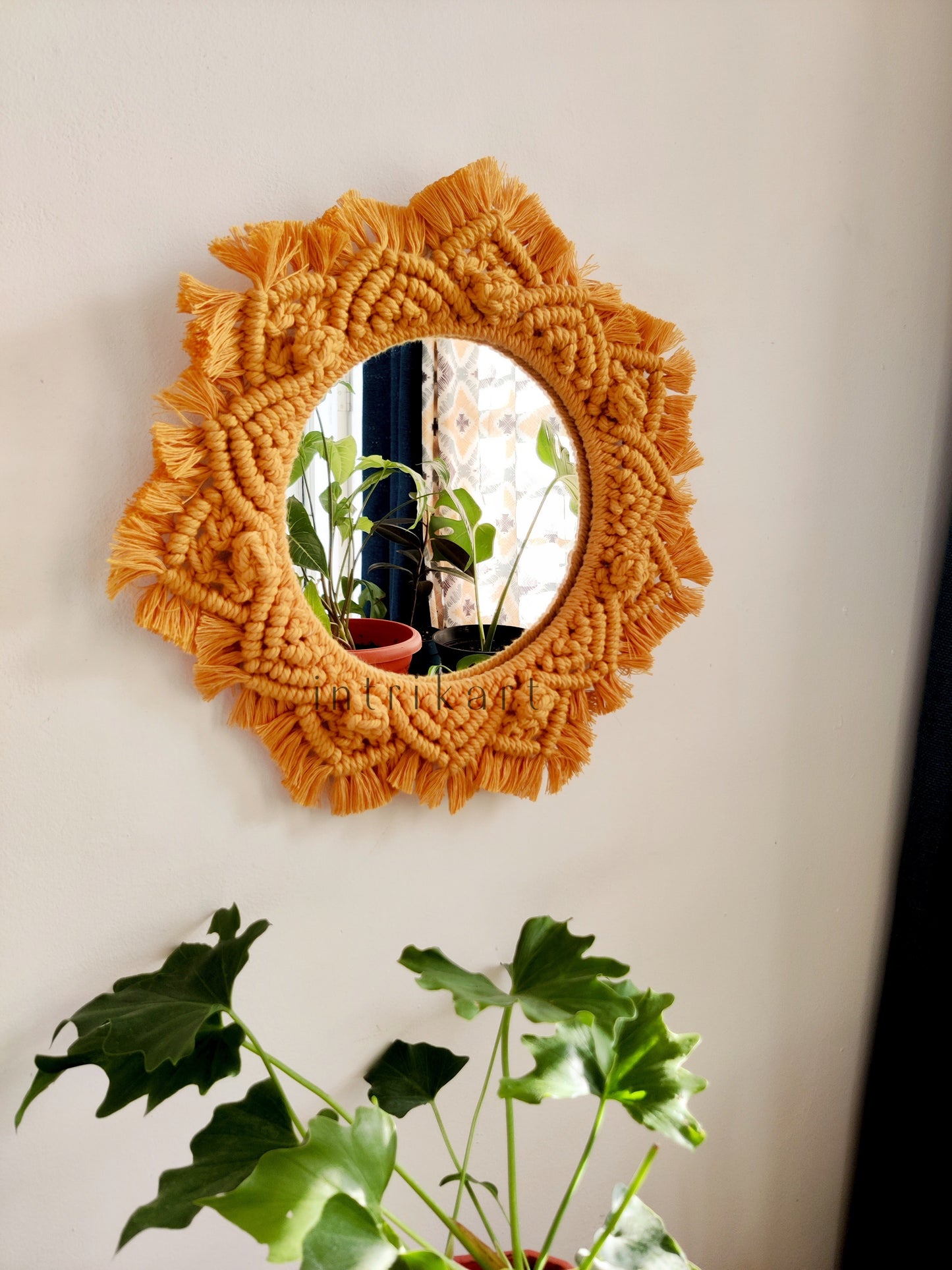 Mustard yellow macrame mirror