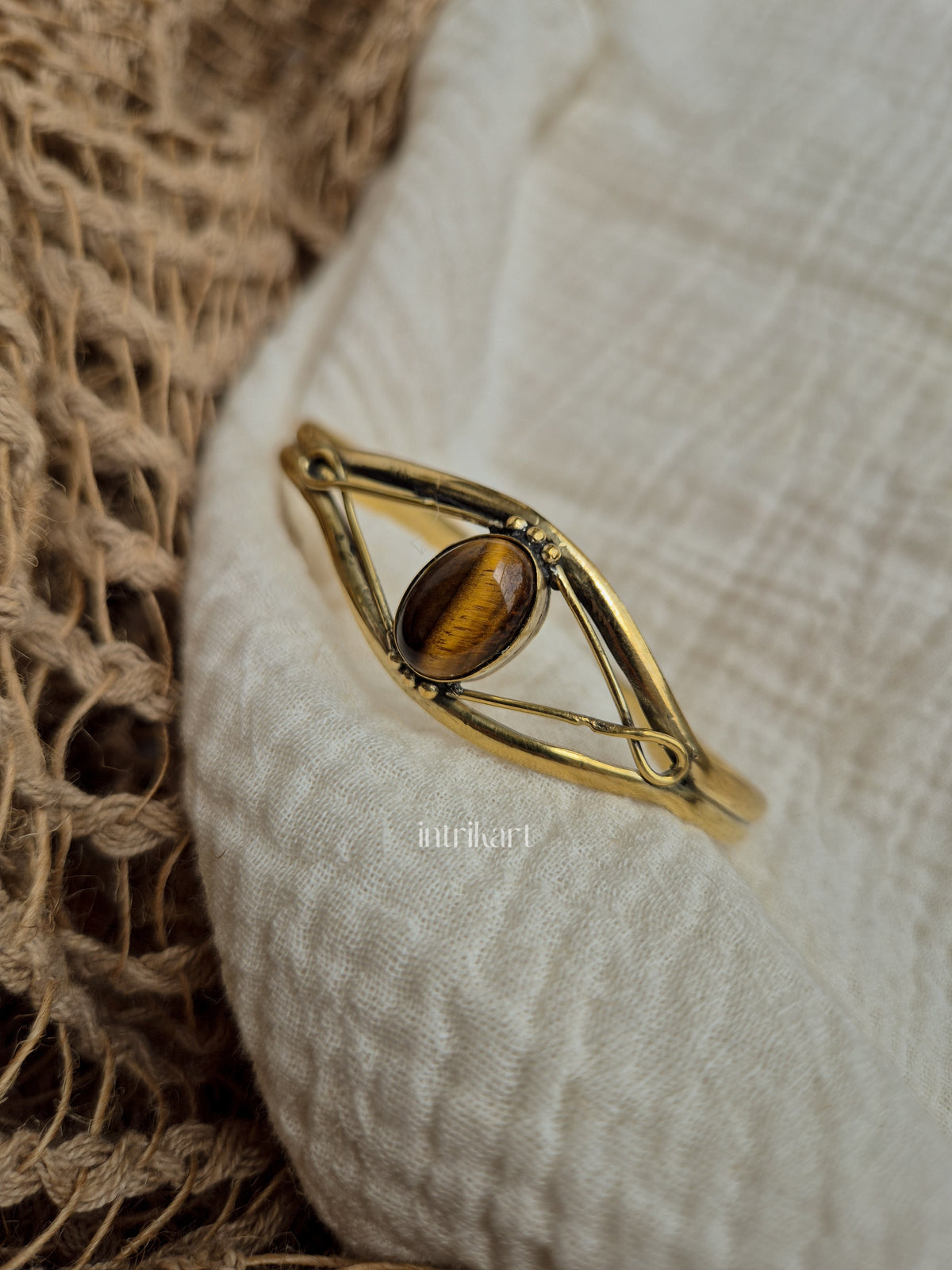 Tigers eye semi precious stone brass kada bracelet