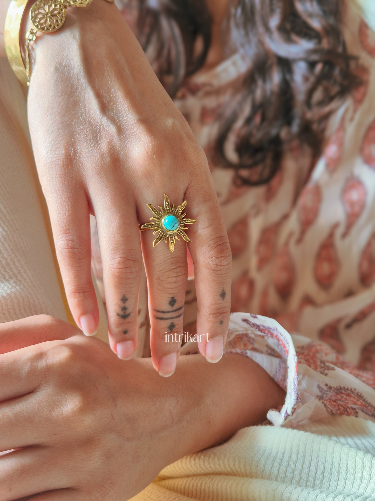 Turquoise sun adjustable brass ring