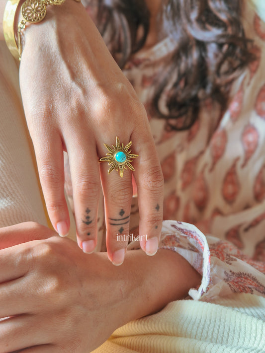 Turquoise sun adjustable brass ring