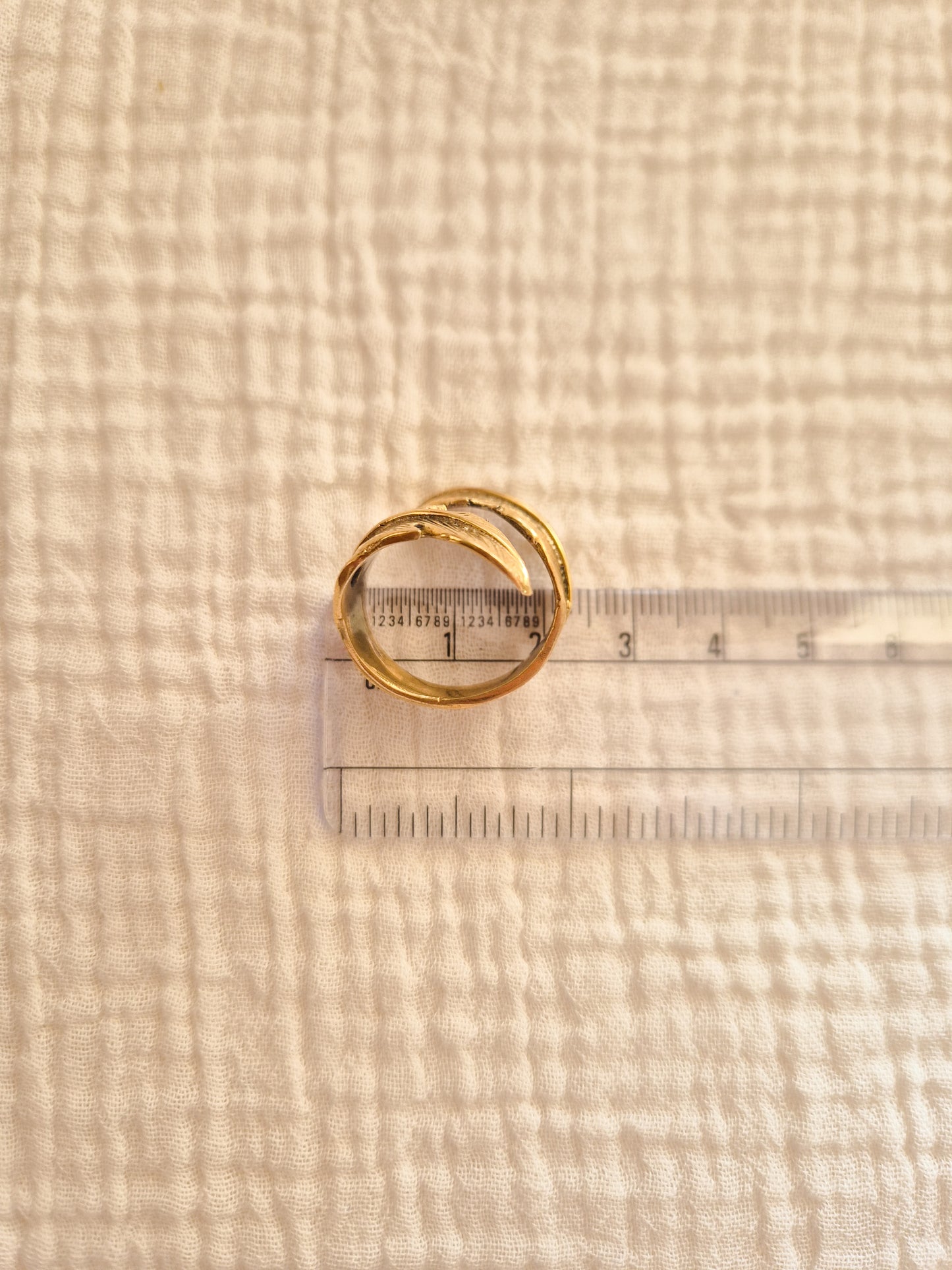 Feather wrap boho adjustable brass ring