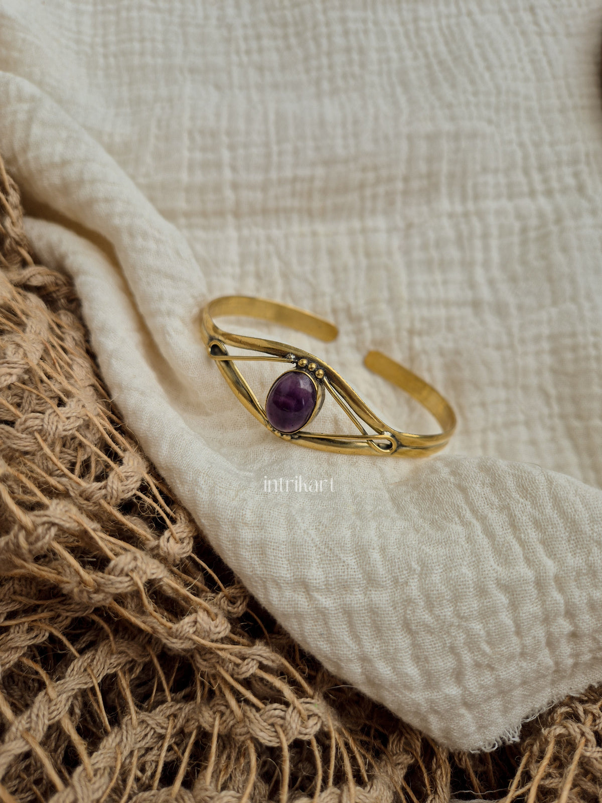Amethyst semi precious stone brass kada bracelet
