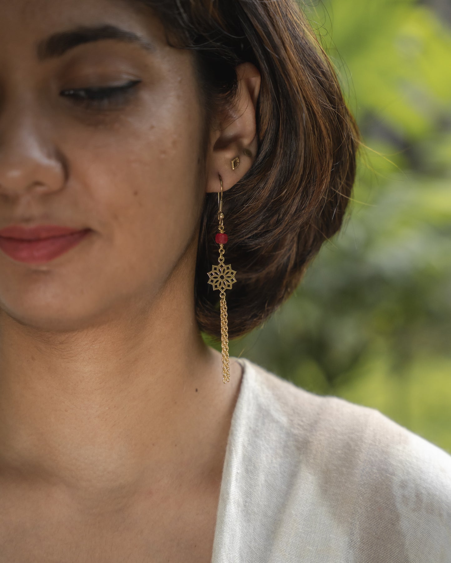 Ruby mandala brass earrings