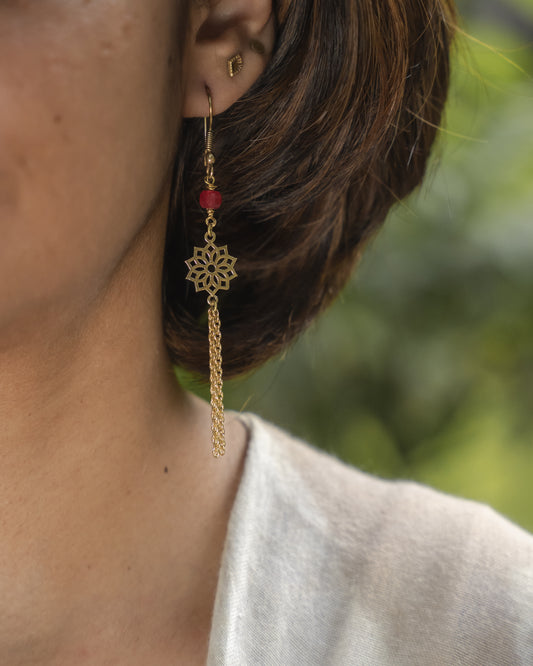 Ruby mandala brass earrings